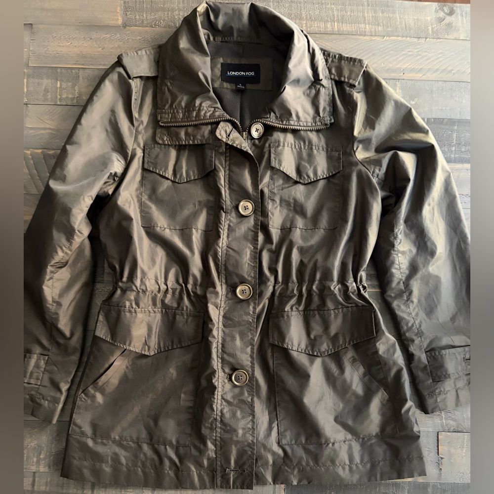 London Fog Olive Metallic Iridescent Green Lightweight Rain Utility Jacket Large